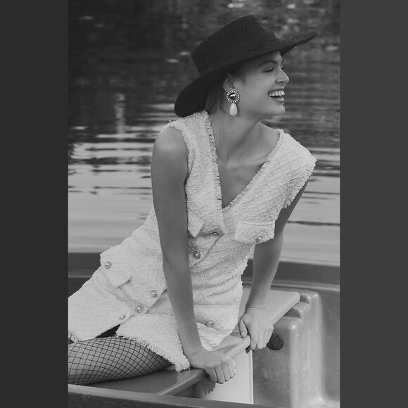 NEW BHLDN Size M, L Ella V-Neck Pearl Tweed Mini Dress - Ivory - Picture 7 of 7